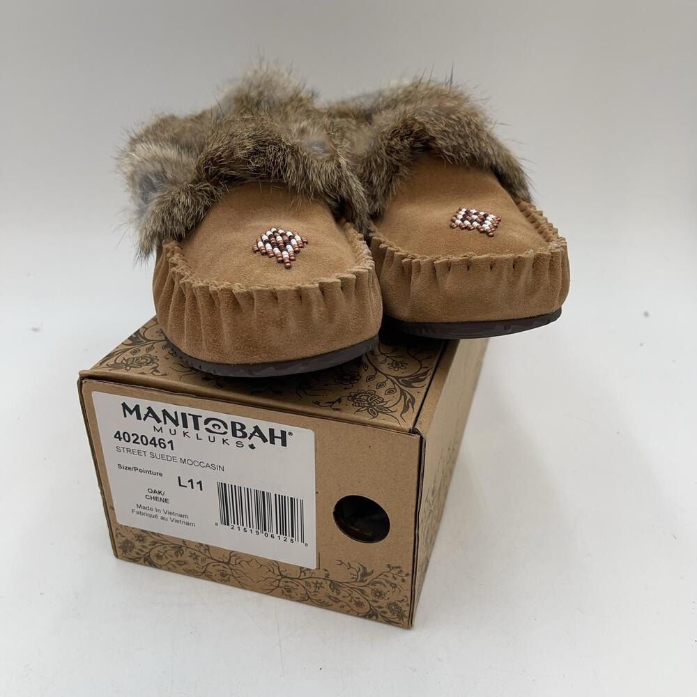 Manitobah Mukluks Street Moccasin Slippers Womens Brown Fur Lined Beaded Size 11
